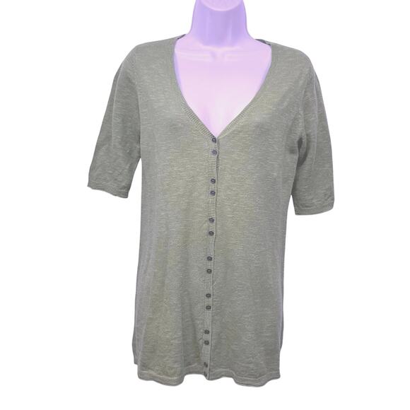 NWT Eileen Fisher Petite xs PP Women green cardigan v neck short sleeve linen - Picture 1 of 8